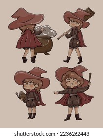 Chibi Witch Girl with her Broom Stick Vector Graphic Set 02