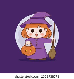 Ilustración vectorial de bruja Chibi. Carácter de estilo caricaturesco japonés - bruja joven que sostiene la calabaza y la escoba talladas de Jack O Lantern. Concepto de celebración de Halloween.