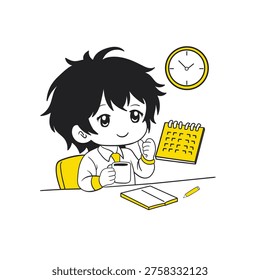 Chibi worker character sitting at a desk holding a coffee cup with a calendar and clock behind. Illustration represents time management, scheduling, productivity, work routine, and organized planning