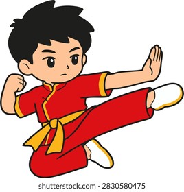 Chibi Wushu athlete performing a high side kick and palm strike