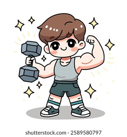 Chibi-style boy in workout attire lifts a dumbbell and flexes his muscles. For fitness, motivation, and strength themes.