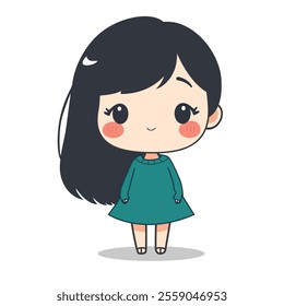 Chibi-Style Cartoon Character with Rosy Cheeks and Teal Dress Illustration