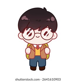 Chibi-style cartoon illustration of a young school boy wearing round glasses, a brown school uniform, and a yellow backpack. 