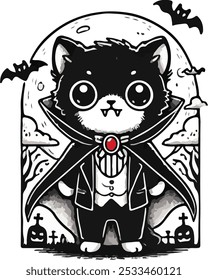 Gato de Halloween em estilo Chibi vestido como Drácula com linework vintage, com morcegos, uma lua cheia, e árvores assustadoras.