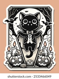 Gato de Halloween em estilo Chibi vestido como Drácula, levantando-se de um caixão cercado por brilhantes jack-o-lanternas, com vintage linework.