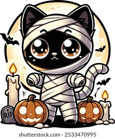 Chibi-style Halloween cat dressed as a mummy, wrapped in bandages, standing next to glowing jack-o-lanterns with candles.