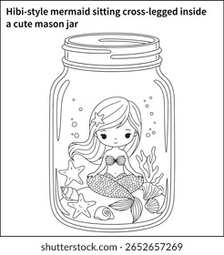 Chibi-style mermaid sitting cross-legged inside a cute mason jar filled with ocean treasures—starfish, shells, and sand—clean and simple outline art.