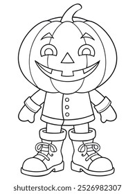 Chibi-style pumpkin-headed character with big shoes, illustrated as a coloring page