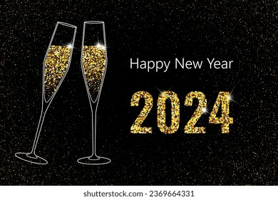 Chic 2024 Happy New Year. Champagne glasses vector illustration. Restaurant glassware. Bubbly in glass. Champagne glasses, fizzy champaign in goblet. Holiday golden glitter confetti. 2043 New Year