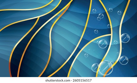 Chic 3D effect dark blue gold wallpaper with transparent bubbles. An excellent background for advertising, posters, postcards, business cards, corporate attributes and your other projects. Vector.