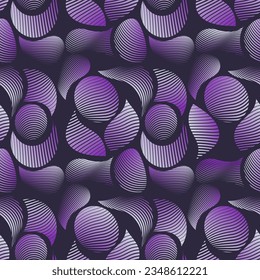 Chic abstract art seamless pattern. Striped shapes in gray purple tones are randomly arranged on a black background. Vector.