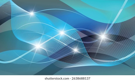 Chic abstract techno wallpaper in blue tones. Flashes of light, intertwining wavy lines on the background of overlapping abstract shapes and mixing colors. Vector.
