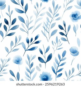 Chic Aqua Blue Indigo French Grey White Abstract Rose Flower Fern Watercolor Scandinavian Design Seamless Pattern Wallpaper Curtain Bedding Upholstery Fabric Pastel  Wrapping Paper Background Vector