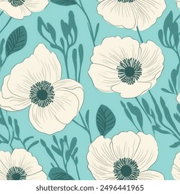 Chic Aqua French Grey White Abstract Wild Flower Elegant Leaf Watercolor Scandinavian Design Seamless Pattern Wallpaper Curtain Bedding Upholstery Pastel Fabric Background Vector