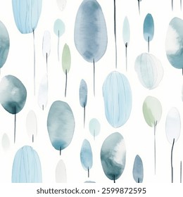 Chic Aqua Green Sky Brown French Grey White Abstract Geometric Oval Tree Plant Bubble Rain Watercolor Scandinavian Design Seamless Pattern Wallpaper Curtain Bedding Upholstery Fabric Pastel Vector