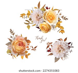 Chic autumn bouquet set. Vector fall watercolor yellow, orange rose flowers, cream dahlia, eucalyptus leaves, branches editable illustration. Wedding invite, Halloween, thanksgiving decorative element