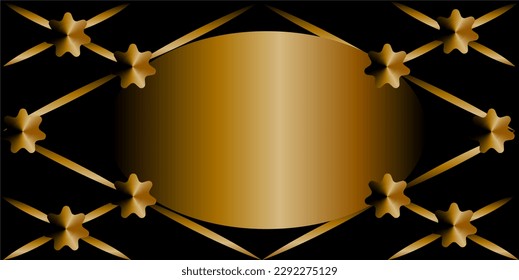 Chic background with a place in the form of a golden oval for information, design, your text. Ingredient. golden grid with flowers on a black background.