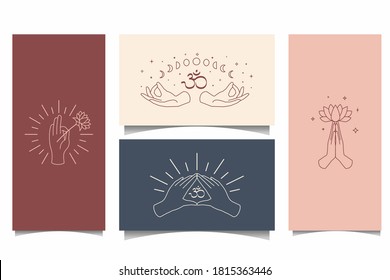 Chic background yoga symbol logo set with hand, moon, star, lotus flower