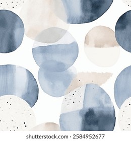 Chic Beige Blue Brown French Grey White Abstract Geometric Circle Watercolor Scandinavian Design Seamless Pattern Wallpaper Curtain Bedding Upholstery Fabric Pastel Background Vector