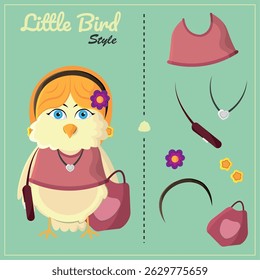 Roupa de moda de pássaro chique. Ilustração vetorial