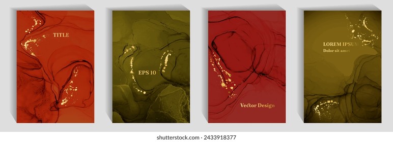 Chic birthday greeting card backdrops vector collection. Liquid alcohol ink texture, gold spatter. Premium wedding invitation card patters, covers bundle. Flow texture cover pages.
