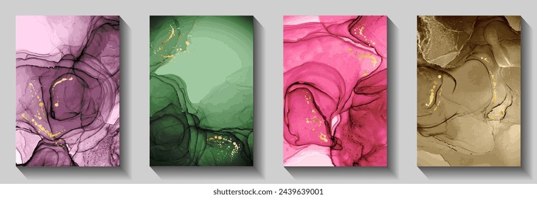 Chic birthday greeting card patters vector set. Liquid alcohol ink texture, golden spatter. Contemporary corporate business card backgrounds, posters bundle. Flow texture cover pages.