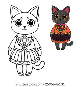 A chic black cat adorned in boho-style accessories, featuring feathers, beads, and floral patterns, captured in a stylish, whimsical design perfect for a fun coloring page.