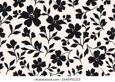Chic black floral silhouettes bloom across a soft beige background, creating a seamless botanical pattern ideal for prints, fashion, and elegant decor.