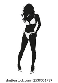 A chic black silhouette of a confident woman in a stylish bikini, elegantly showcasing her confidence and beauty