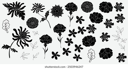 Patrones florales elegantes en blanco y negro con varias flores y hojas en un diseño detallado y sin fisuras