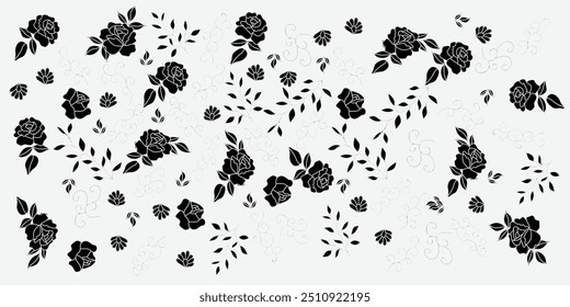 Patrones florales elegantes en blanco y negro con varias flores y hojas en un diseño detallado y sin fisuras