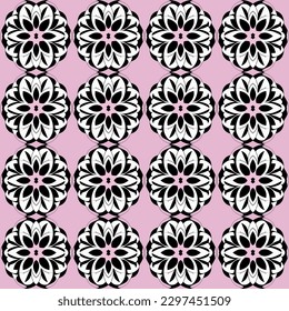 Chic black and white repeating floral pattern with detailed motifs, including damask and art deco elements, ideal for brightening up curtains, invitations, and bridal shower decor.