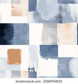 Chic Blue Beige Brown French Grey White Abstract Geometric Mosaic Watercolor Scandinavian Design Seamless Pattern Wallpaper Curtain Bedding Upholstery Fabric Pastel Background Vector