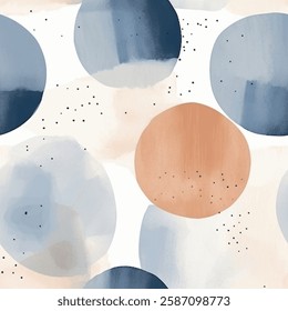 Chic Blue Black Brown French Grey White Abstract Geometric Circles Watercolor Scandinavian Design Seamless Pattern Wallpaper Curtain Upholstery Fabric Pastel Gift Wrapping Paper Background Vector