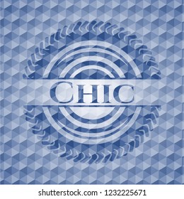 Chic blue emblem or badge with abstract geometric polygonal pattern background.