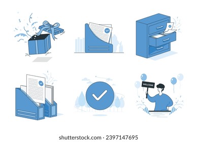 Chic blue illustration with drawer, file holder, documents, welcome message, gift box, and check mark. Organized and positive vibes for your projects. #OfficeEssentials #BlueAesthetics