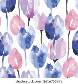 Chic Blue Purple Violet Pink White Abstract Wild Tulip Flower Elegant Leaf Watercolor Scandinavian Design Seamless Pattern Wallpaper Curtain Bedding Upholstery Pastel Fabric Background Vector