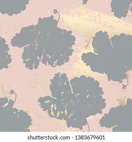 Chic blush pink gold trendy marble grunge texture with floral ornament. Elegant background for advertising, interior design, fashion, textile, wedding, etc
