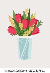 A chic bouquet of bright pink tulips and tender yellow mimosa stands in a transparent glass vase. Beautiful flowers isolated on a light background greeting cards. Vector.