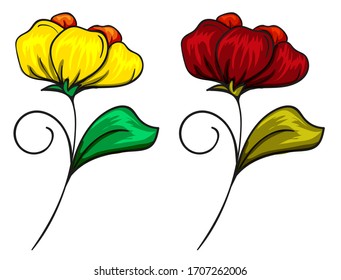 Chic bright flowers in two colors for your design. Vector, red, yellow, green. Decoration