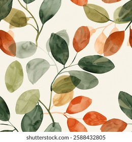 Chic Brown Olive Grey Oak Eucalyptus Leaf Foliage Watercolor Abstract Scandinavian Design Seamless Pattern Wallpaper Curtain Bedding Background Upholstery Gift Wrapping Paper Vector