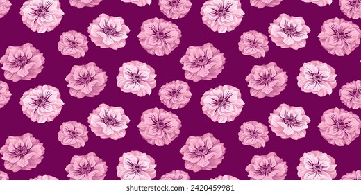Chic burgundy floral seamless pattern. Abstract artistic stylized flowers Ranunculus, Trollius Asiatic us background. Vector drawn illustration. Template for textile, fashion, printing, fabric
