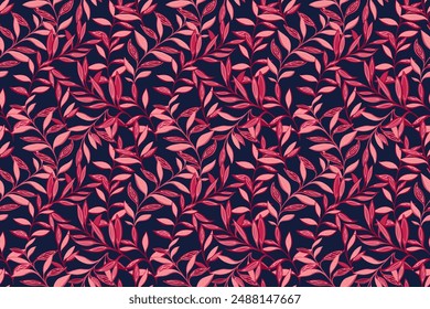 Chic burgundy leaf stems intertwined in a seamless pattern. Abstract artistic printing with ornate branches leaves on a dark background. Vector hand drawing illustration. Designs for fabric