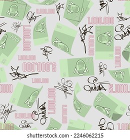 Chic business seamless pattern. Abstract autographs and banknotes, numbers are chaotically arranged on a light background. Vector.