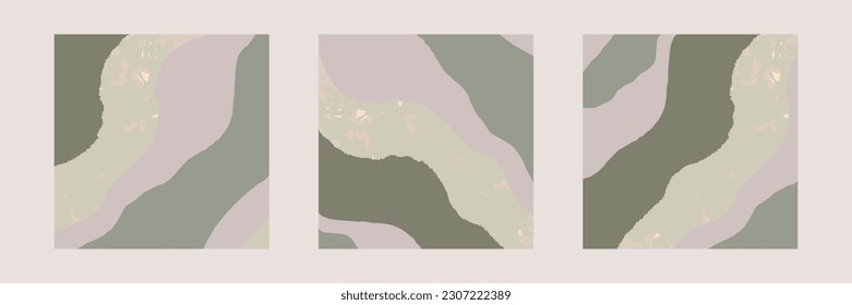 Plantilla de lienzo chic, pincel ondulado en tonos caqui verde y paisaje de lámina dorada abstracto artístico neutro delicado y elegante fondo. 