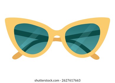 Chic cat eye sunglasses with yellow frame and teal lenses in modern flat cartoon vector style.