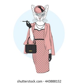 chic cat woman, furry art illustration, fashion animals