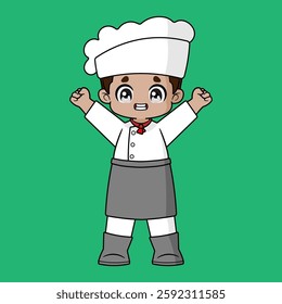 A chic chibi male chef is happily smiling and feeling enthusiastic.