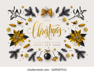 Chic Christmas postcard with Calligraphic Season Wishes and Composition of Festive Elements, Berries, Christmas Tree Decorations, Flowers.