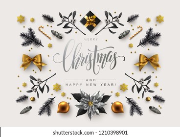 Chic Christmas postcard with Calligraphic Season Wishes and Composition of Festive Elements, Berries, Christmas Tree Decorations, Flowers.